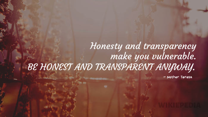 Honesty and transparency make you vulnerable. Be honest and transparent anyway.  ~Mother Teresa